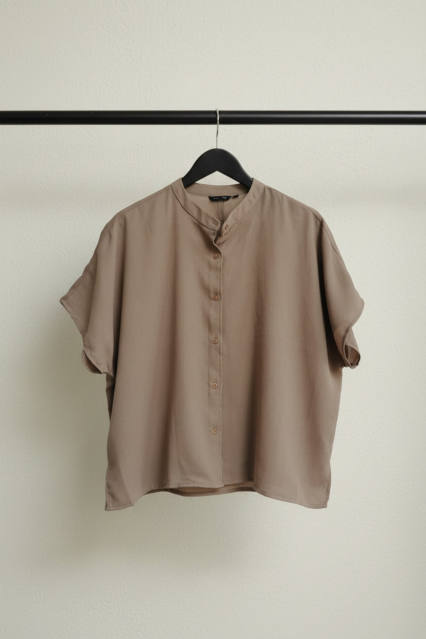 Wardrobe Women's Brown Collared Short Sleeve Relaxed Fit Top