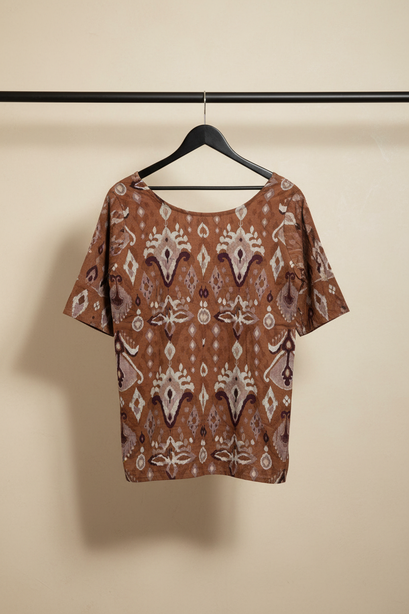 Brown Printed Short Sleeve Tunic Top
