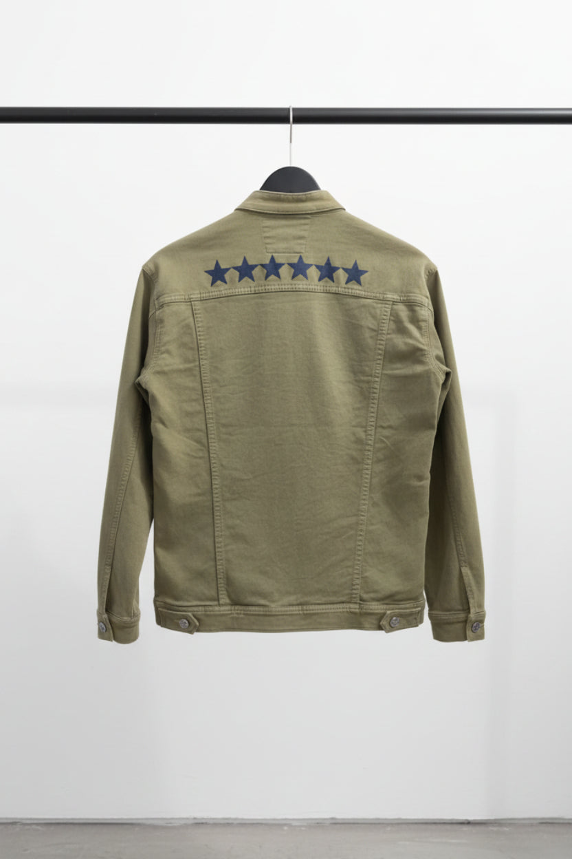 L London Fashionable Men's Olive Green Denim Jacket with 'NO STYLE' Patches