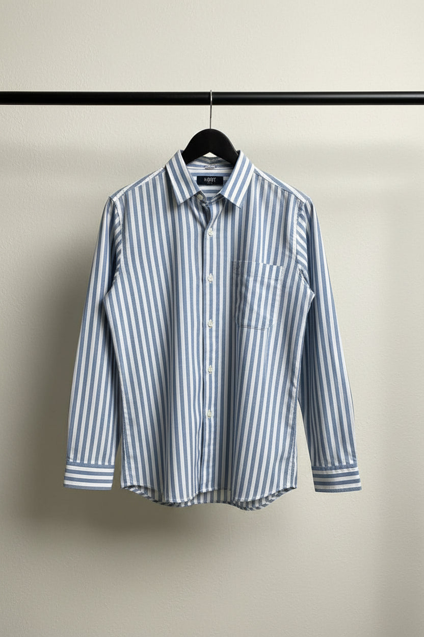 M:DOT Men's Blue and White Striped Long Sleeve Casual Shirt