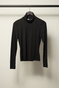A black long-sleeve mock neck turtleneck sweater hanging on a white hanger against a neutral gray fabric backdrop.