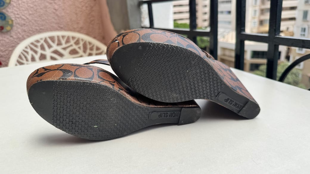 Women's Brown Monogram Wedge Flip-Flops