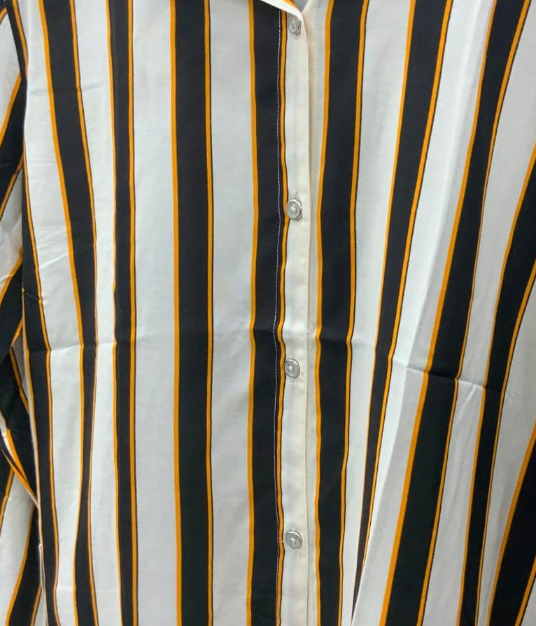 tom tom Women's Black White Orange Striped Long Sleeve Button-Up Shirt