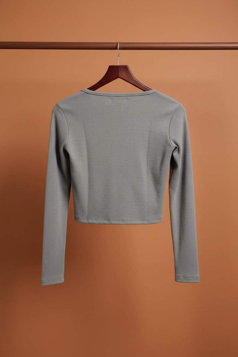 Grey Ribbed V-Neck Button-Front Long Sleeve Crop Top