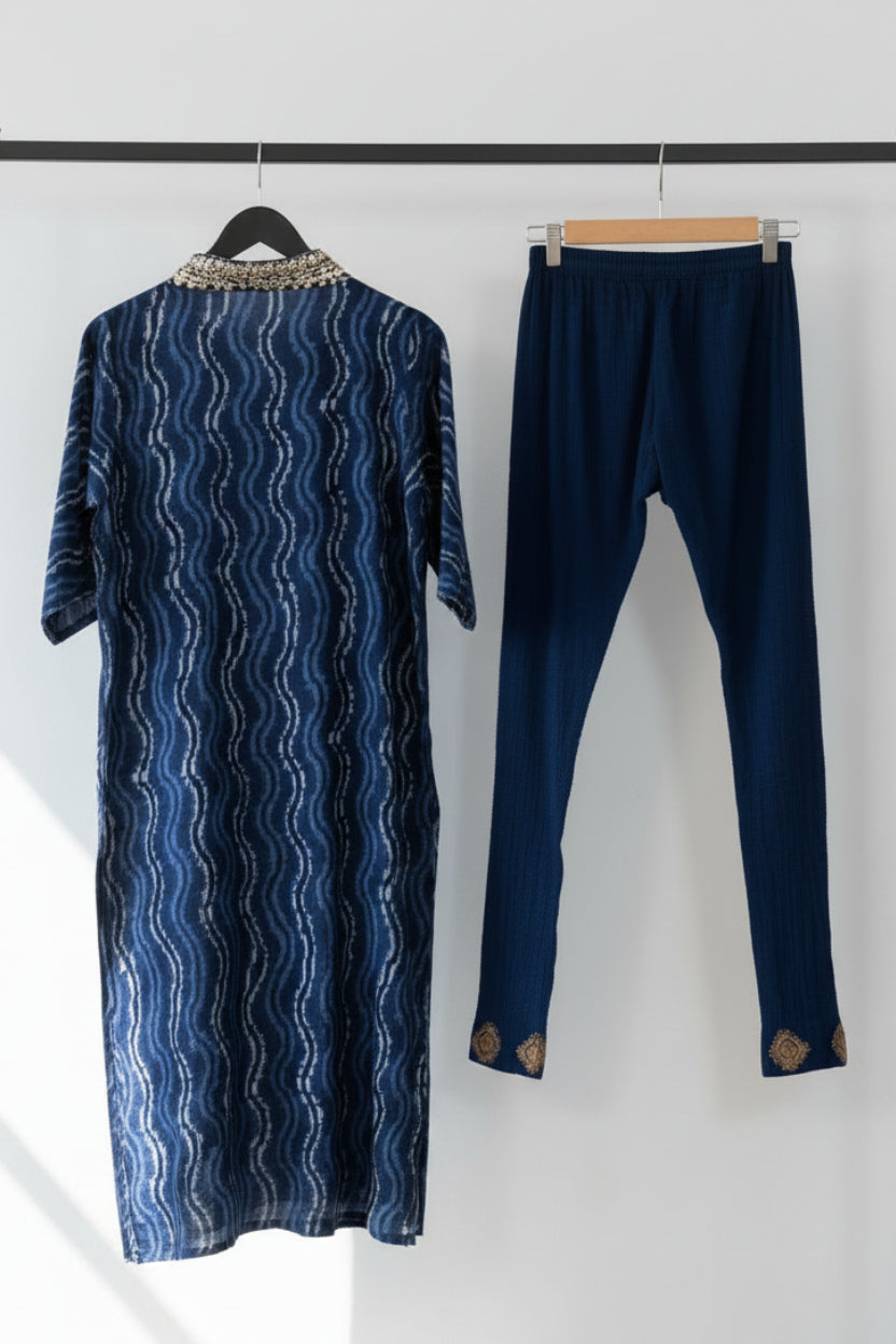 Women's Navy Blue Printed Kurta Set with Embellished Neckline