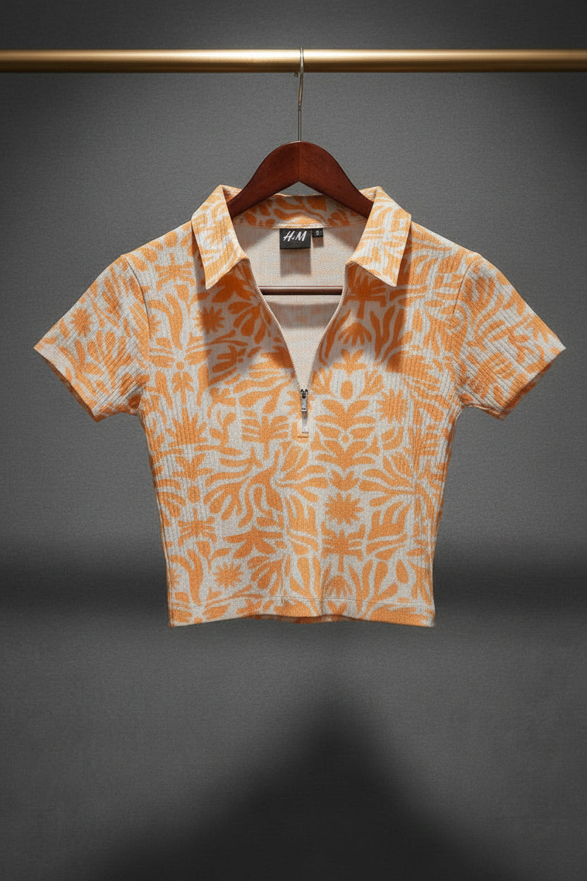 H&M Women's Orange & White Ribbed Floral Print Zip-Up Crop Top