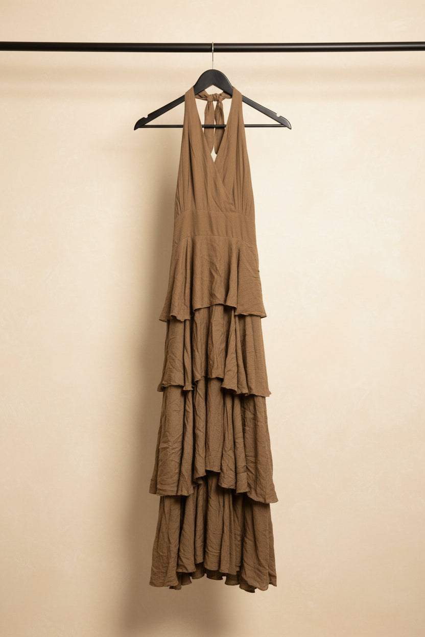 Brown Tiered Halter Neck Maxi Dress