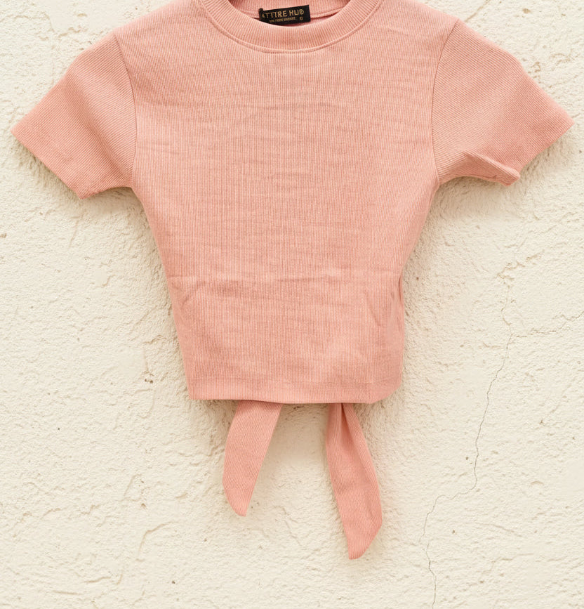 Women's Peach Ribbed Crop Top with Back Cutout and Tie Detail