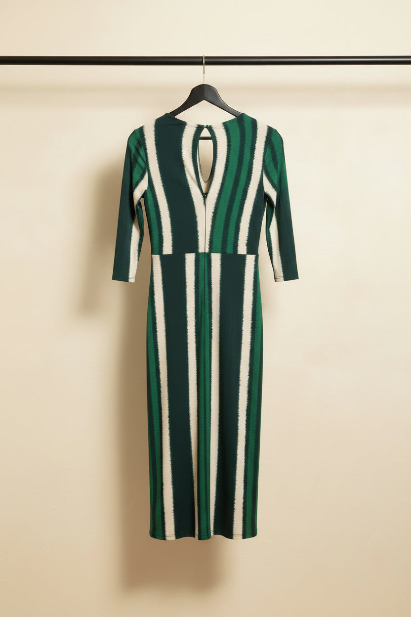 Wardrobe Green & Beige Striped Knot Front Midi Dress