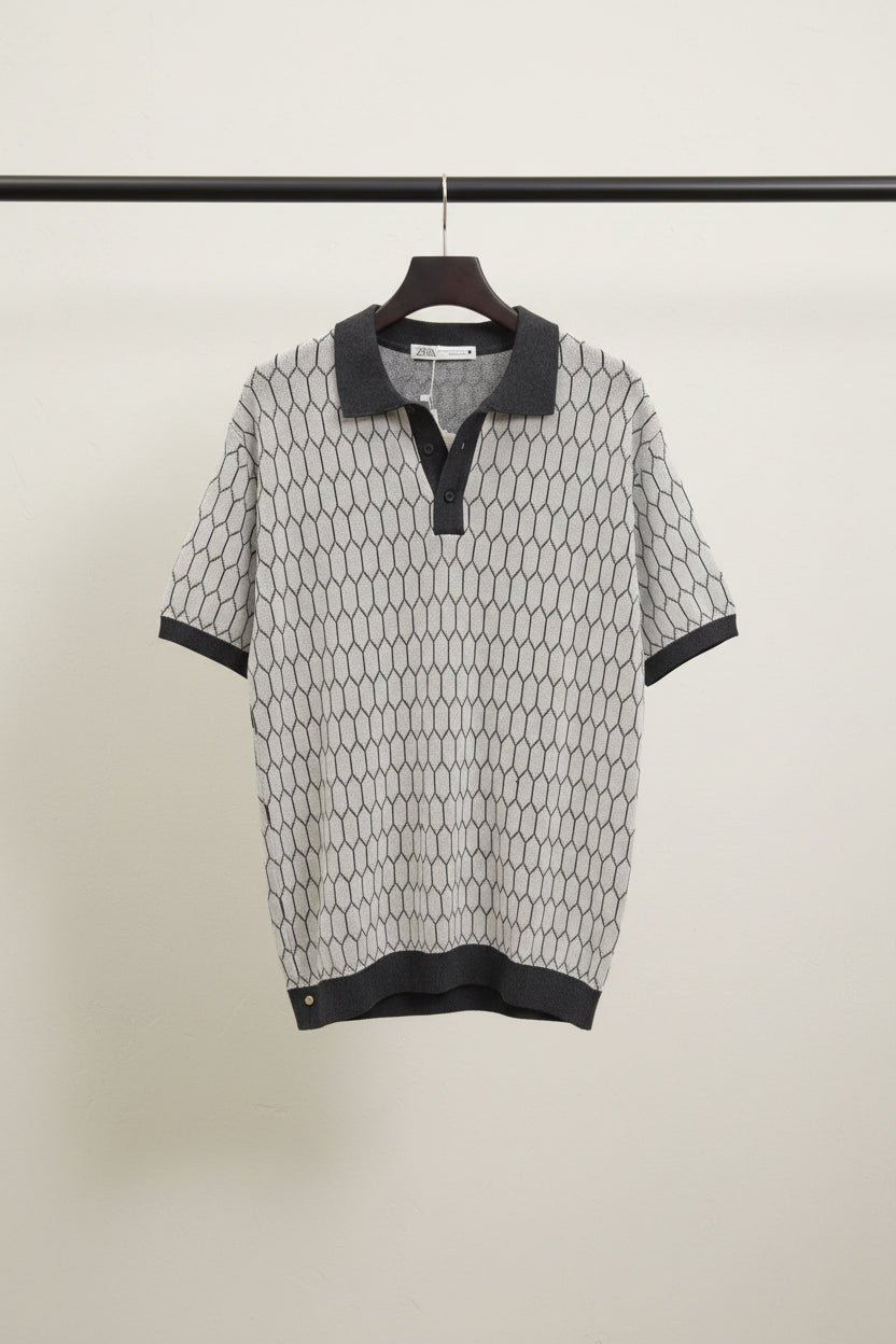Zara Men's White & Black Hexagonal Pattern Knit Polo Shirt