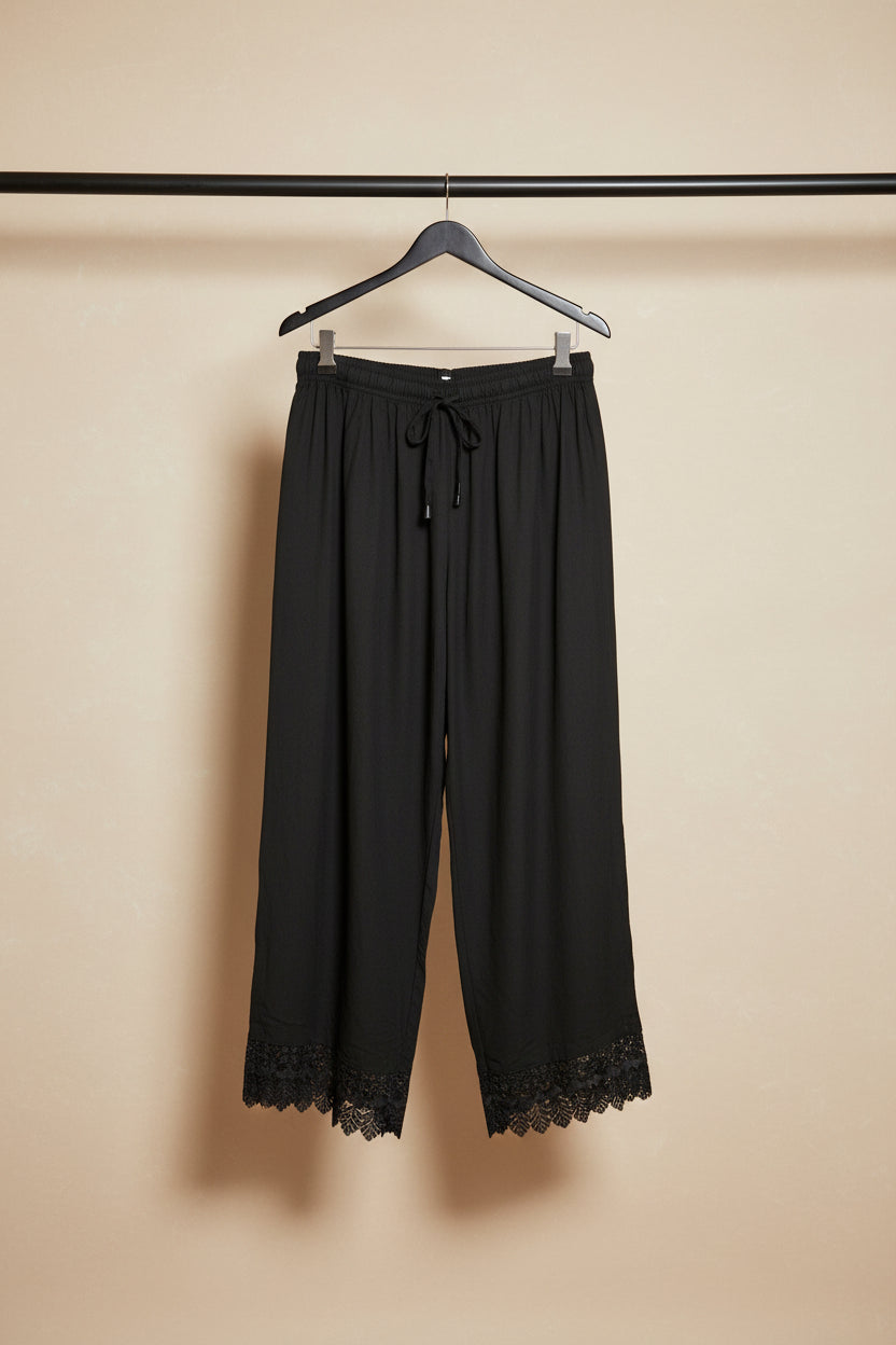 Black Palazzo Pants with Elastic Waist and Lace Hem
