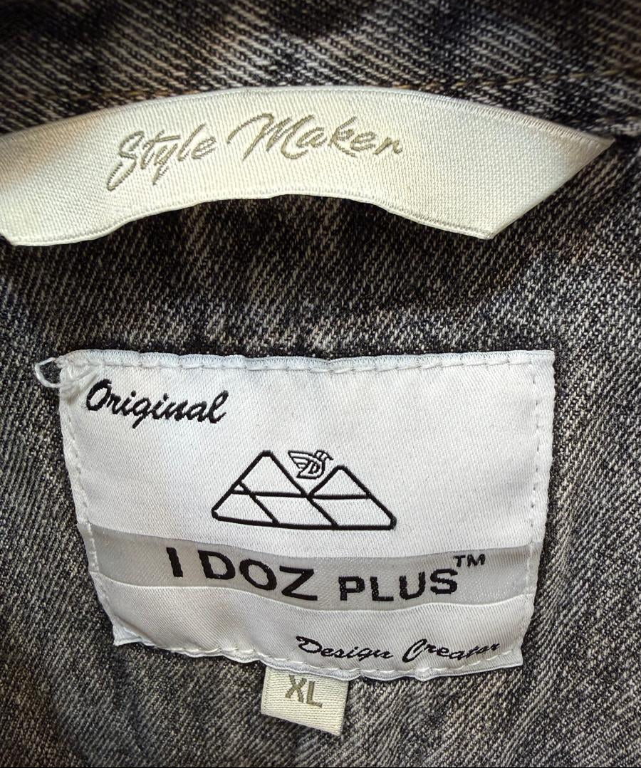 Men's I DOZ PLUS Grey Washed Denim Short Sleeve Shirt with Christian Dior Embroidery