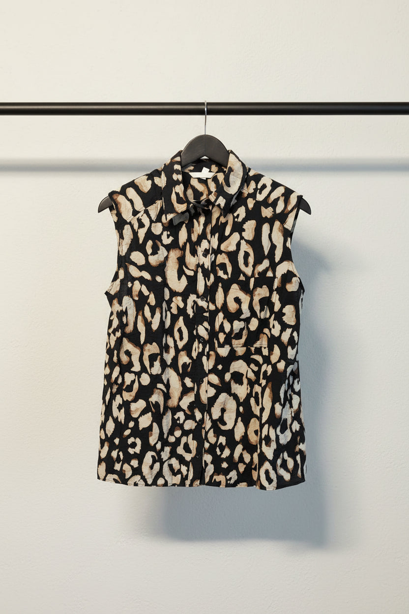 H&M Women's Black Leopard Print Sleeveless Button-Up Shirt