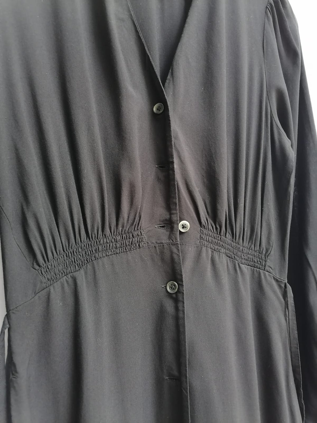 UNIQLO Black V-Neck Long Sleeve Shirred Waist Midi Dress