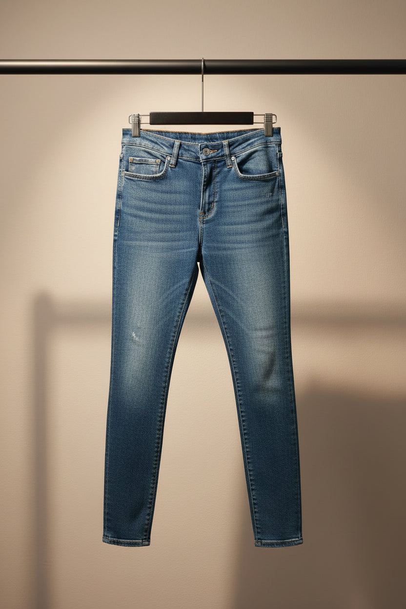 Light blue denim jeans hanging on a wooden hanger against a white fabric background.