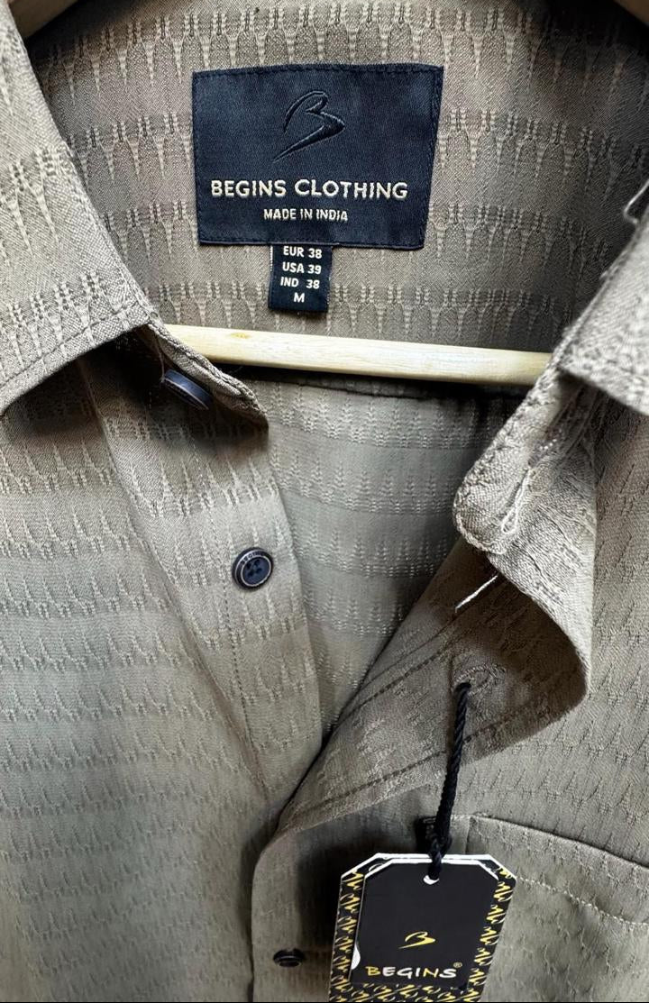 BEGINS CLOTHING Men's Olive Green Textured Long Sleeve Casual Shirt