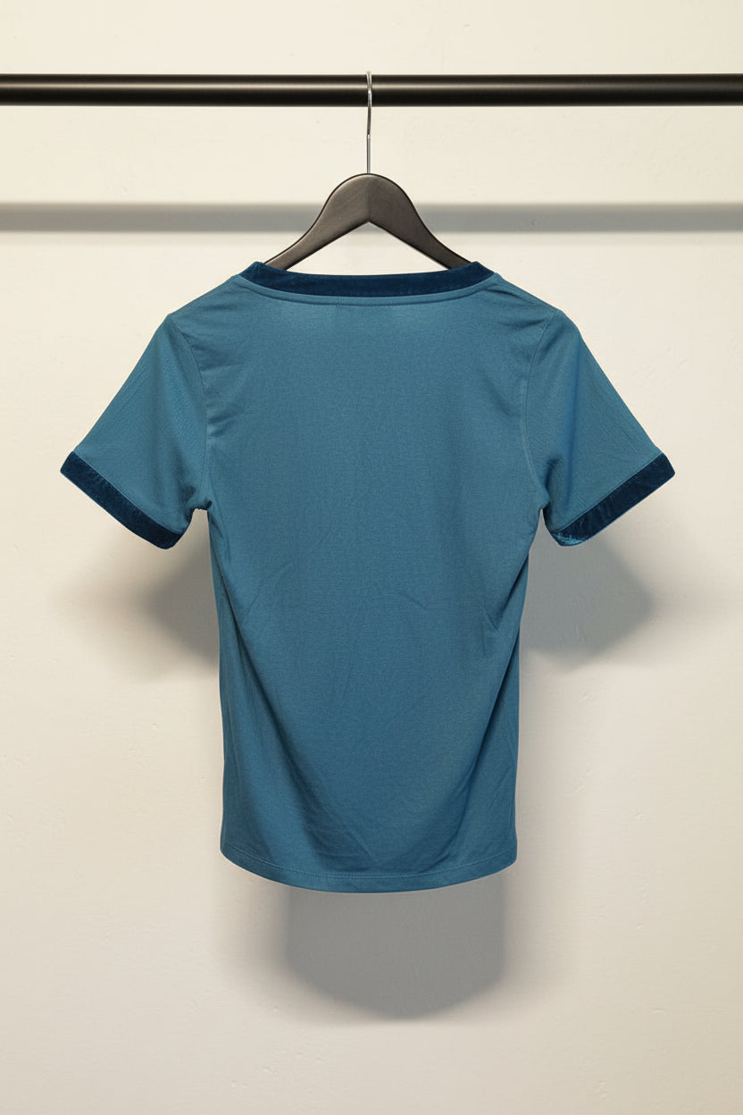 Teal V-Neck Top with Velvet Trim