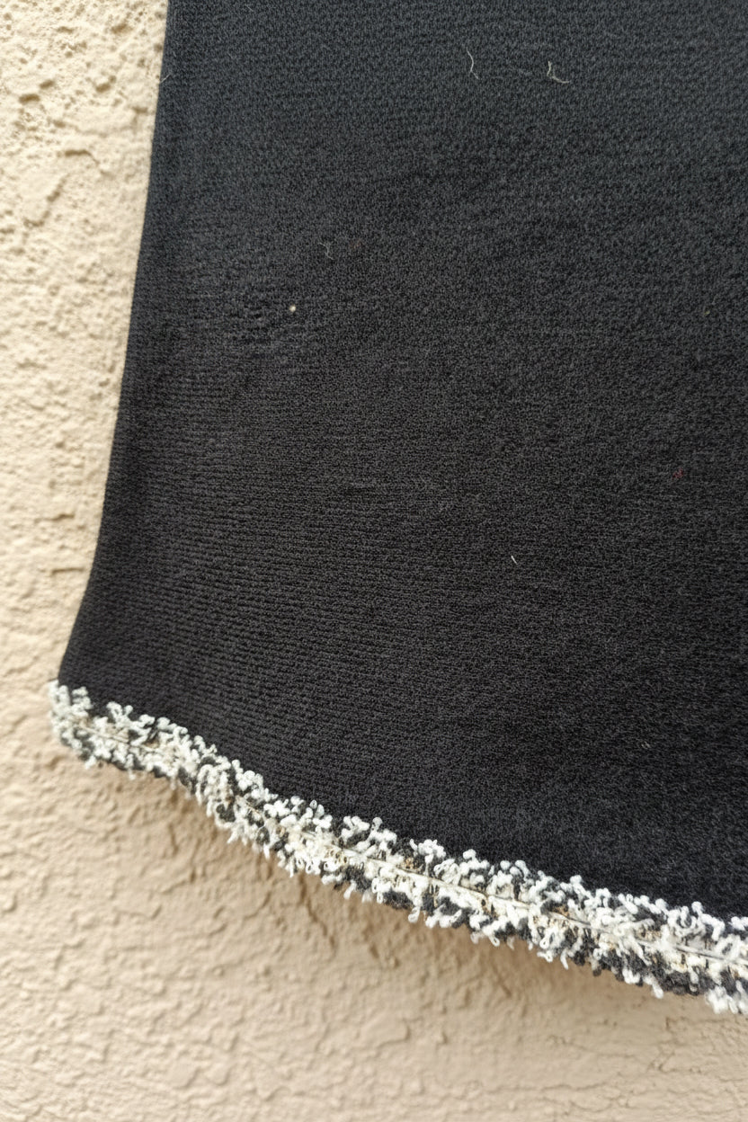 Black Asymmetric Mini Skirt with Pearl Buttons and Tweed Trim
