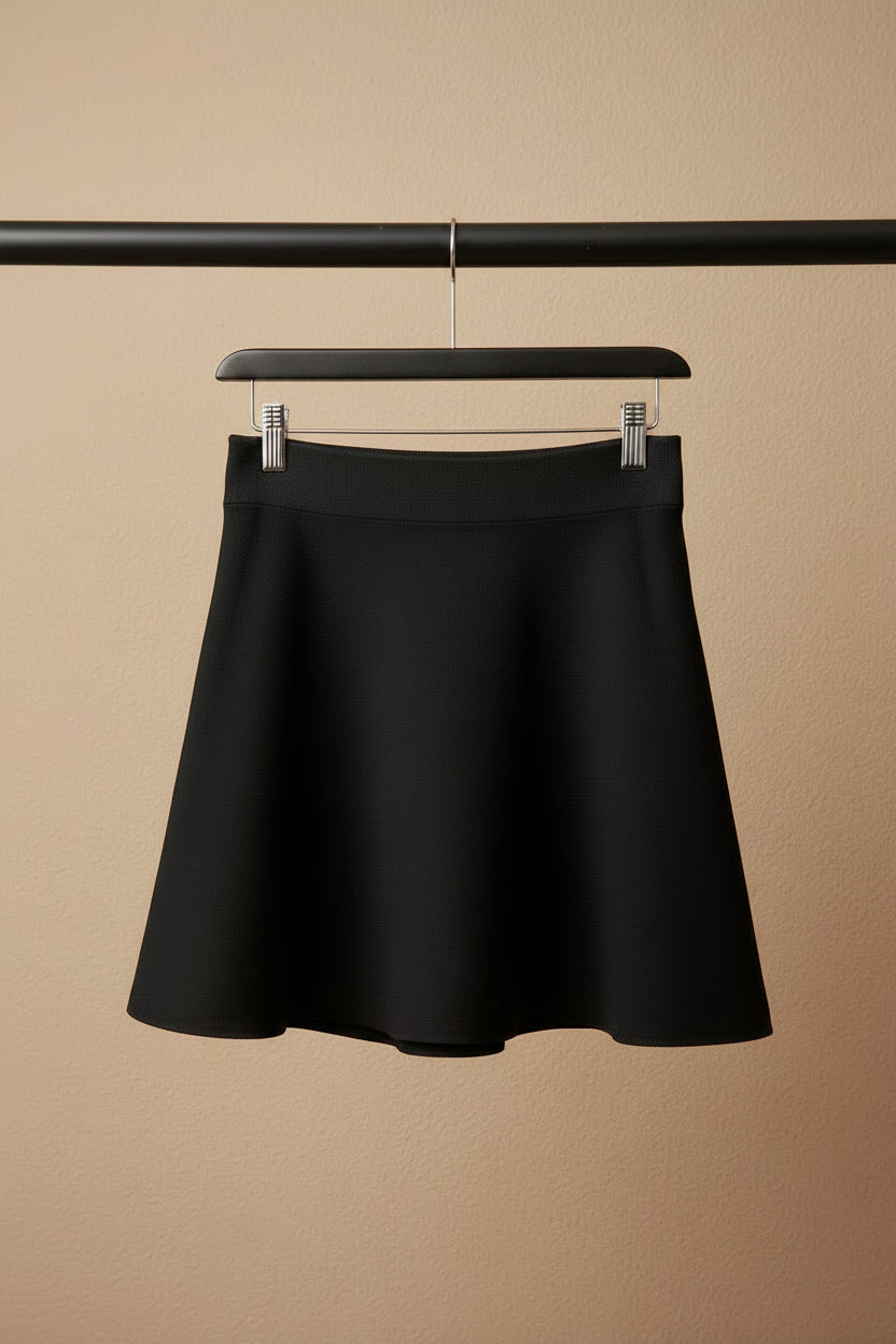 Black A-Line Skirt with White Trim and Gold Buttons