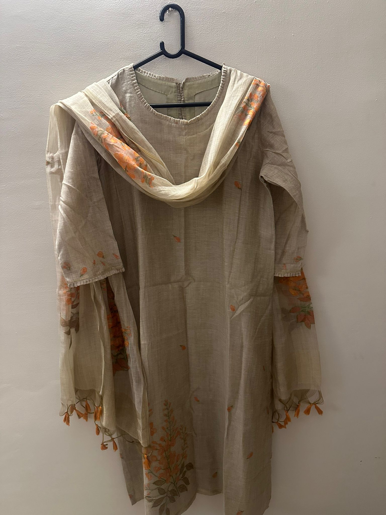 Beige Floral Printed Kurta with Dupatta Set