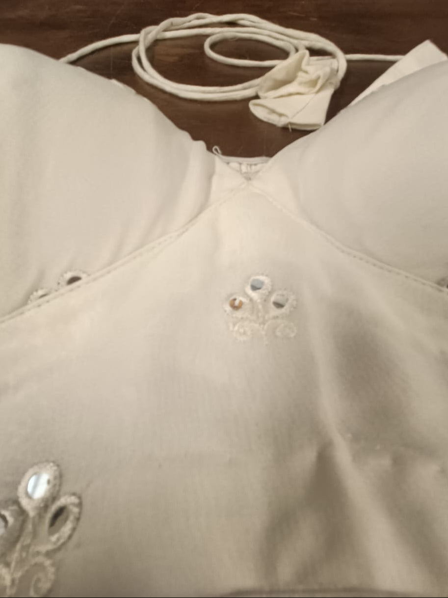 White Embroidered Halter Neck Crop Top with Mirror Work