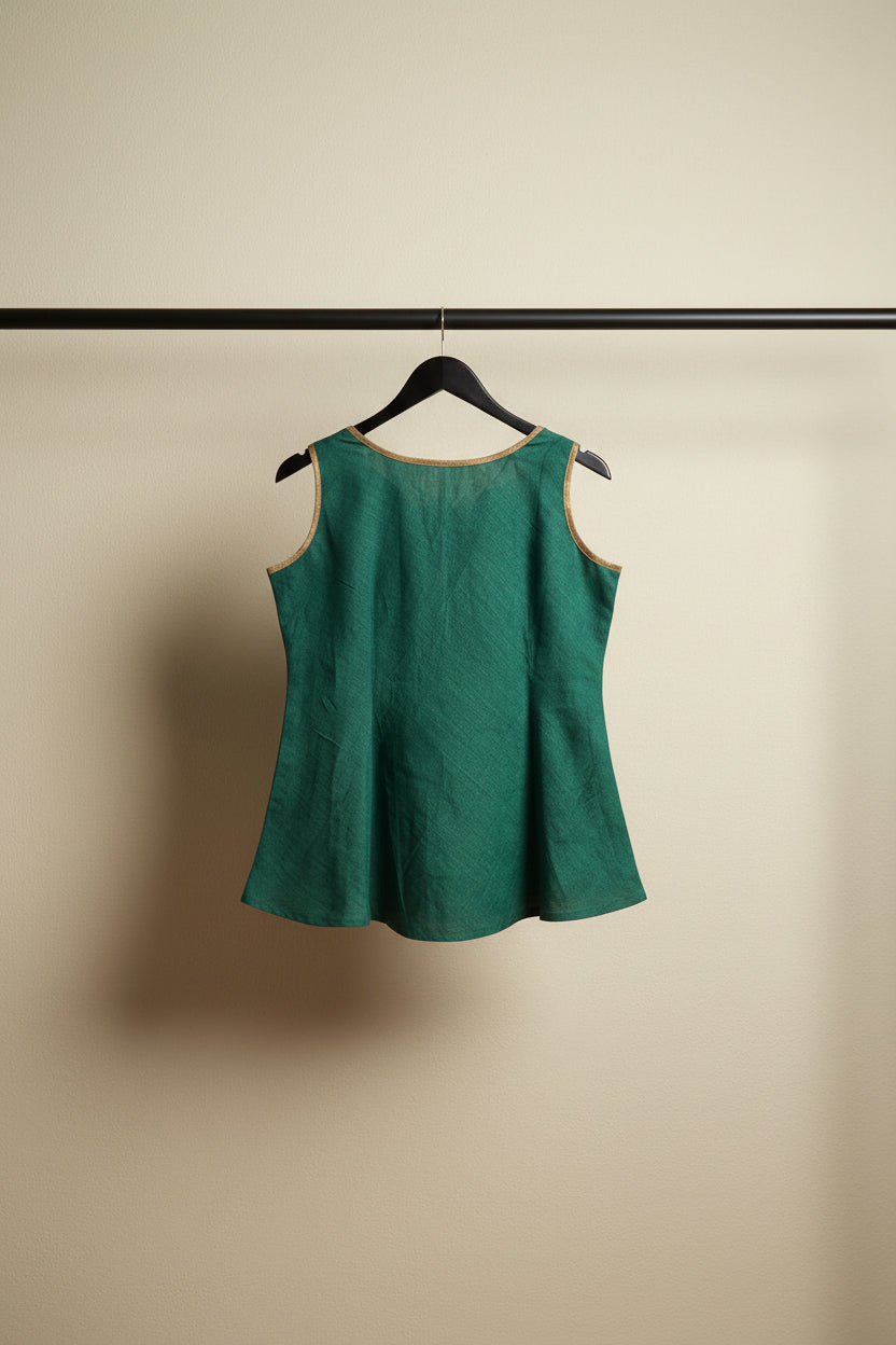 Emerald Green Sleeveless A-Line Tunic Top with Gold Trim