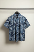 Men's Blue Leaf Print Short Sleeve Casual Shirt