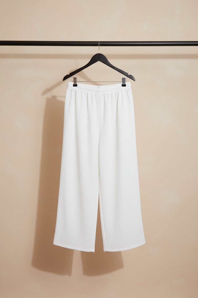 Women's White Textured Wide Leg Drawstring Trousers