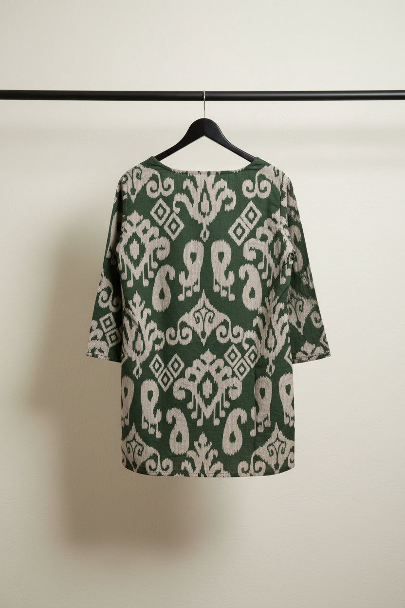 Green and Beige Ikat Print Kurta/Tunic for Women