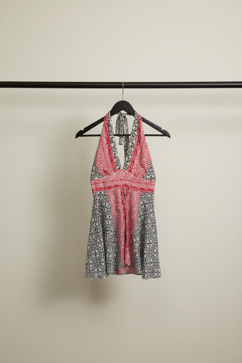 India Town Red Black White Printed Halter Neck Tunic Top