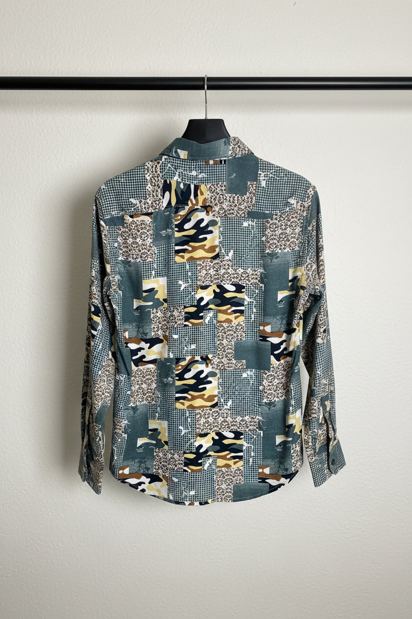 Zara Men's Multicolor Patchwork Camouflage Print Long Sleeve Casual Shirt