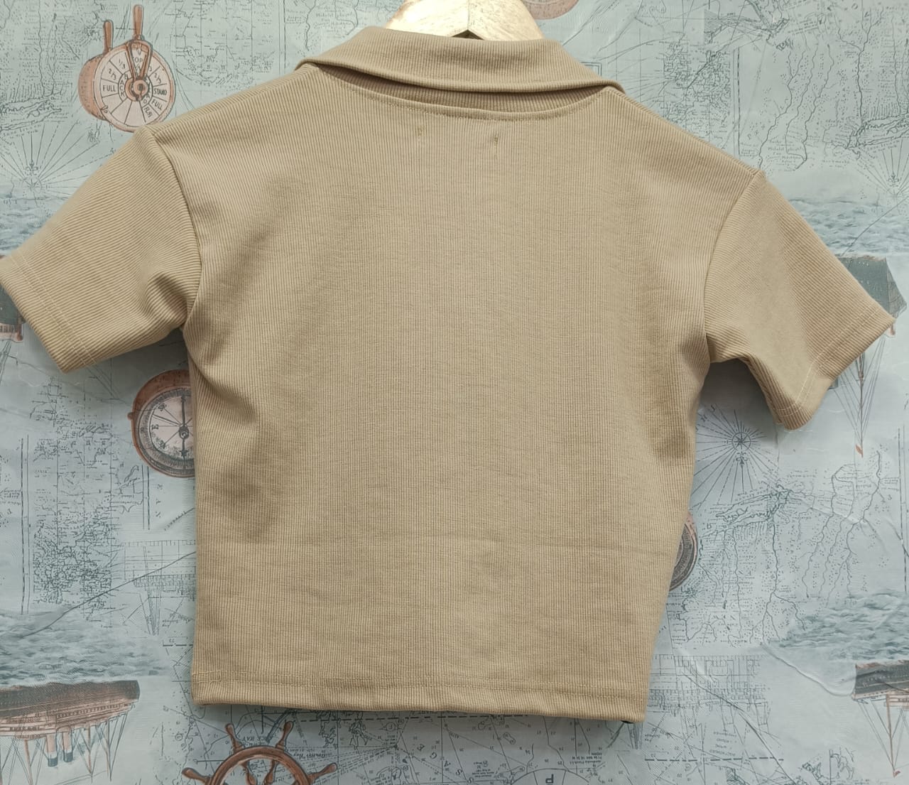 ATTURE HUB Women's Beige Ribbed Polo Crop Top