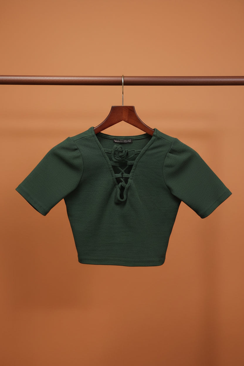 Zara Green Ribbed Lace-Up Crop Top