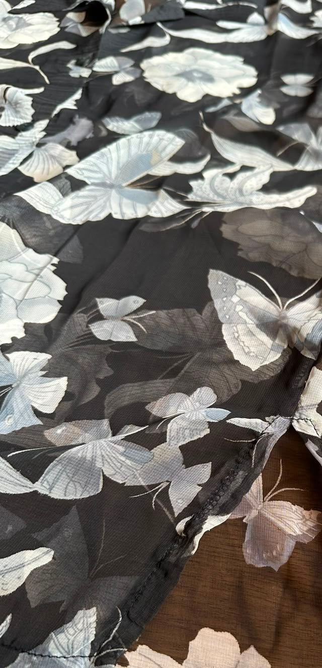 Black and White Floral Butterfly Sheer Button-Up Blouse
