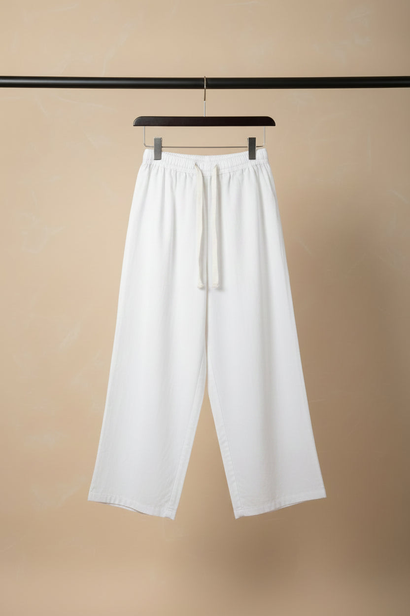 Women's White Elastic Waist Cotton Blend Palazzo Pants