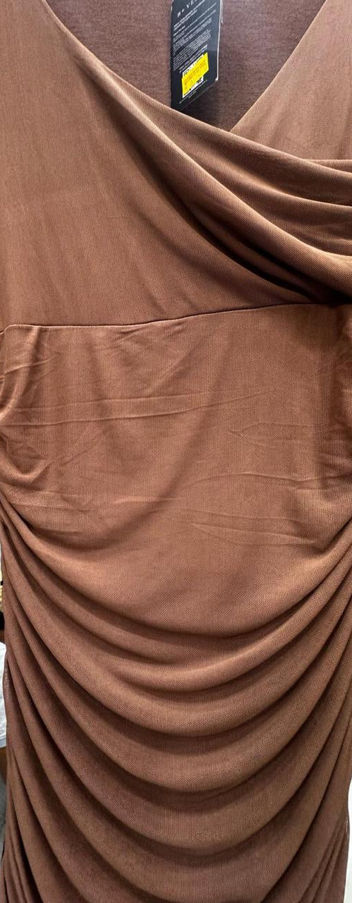 Brown Ruched Long Sleeve Maxi Dress by B+ VESTRY