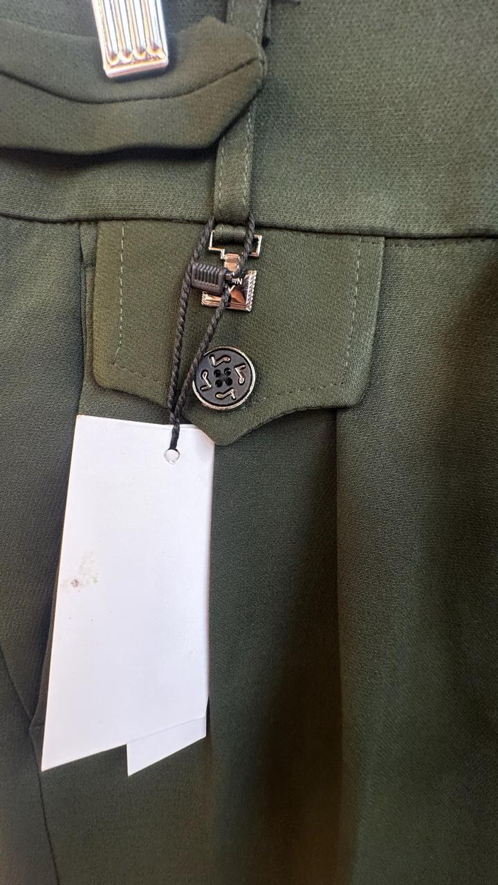 Men's Dark Green Skinny Fit Trousers with Belt Detail