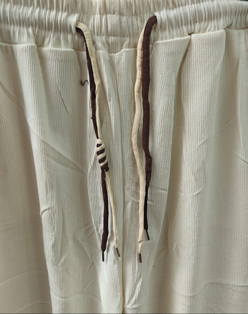 Women's Cream Corduroy Drawstring Wide Leg Trousers