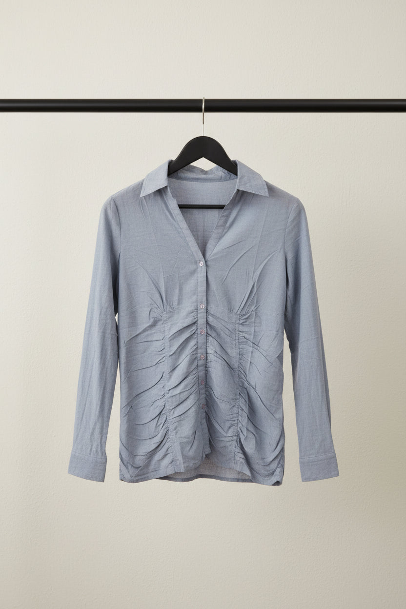 Women's Grey Ruched Long Sleeve Button-Up Top