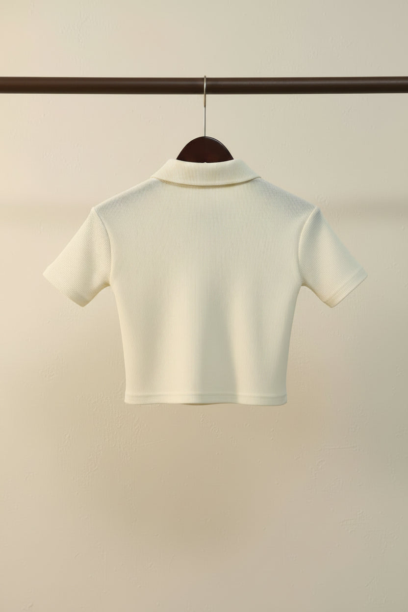 ATTIRE HUB Women's Off-White Ribbed Collared Crop Top, Size S