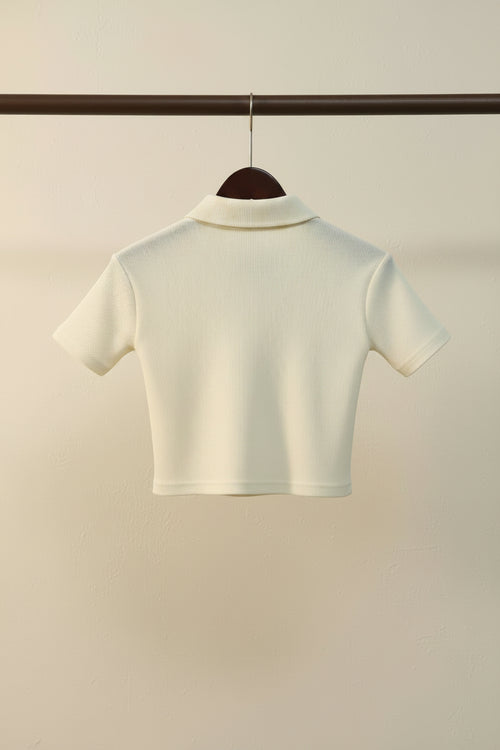 ATTIRE HUB Women's Off-White Ribbed Collared Crop Top, Size S