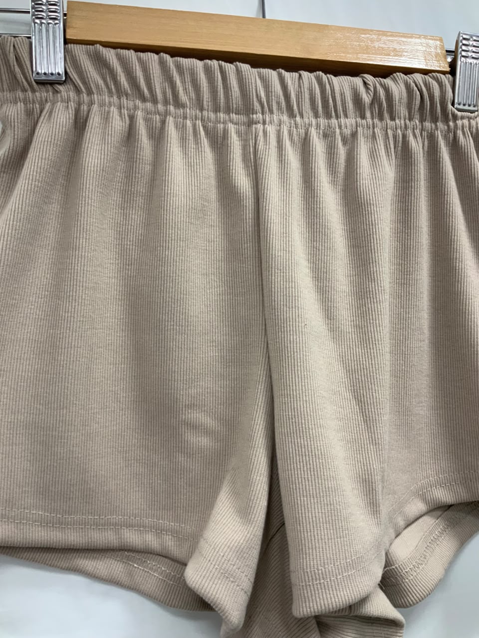 Attire Hub Women's Beige Ribbed Elastic Waist Shorts
