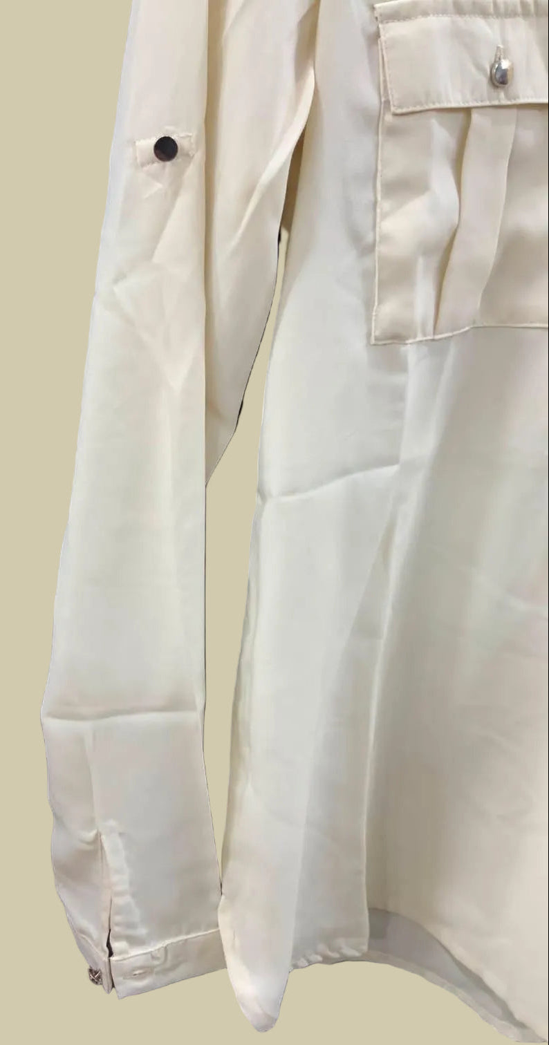 OUTRYT Women's Off-White Long Sleeve V-Neck Blouse with Pockets