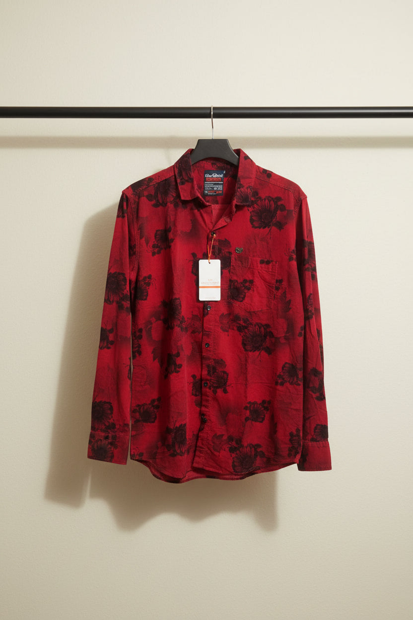 Men's Red Floral Print Casual Shirt by Rose Riviera Mountain.