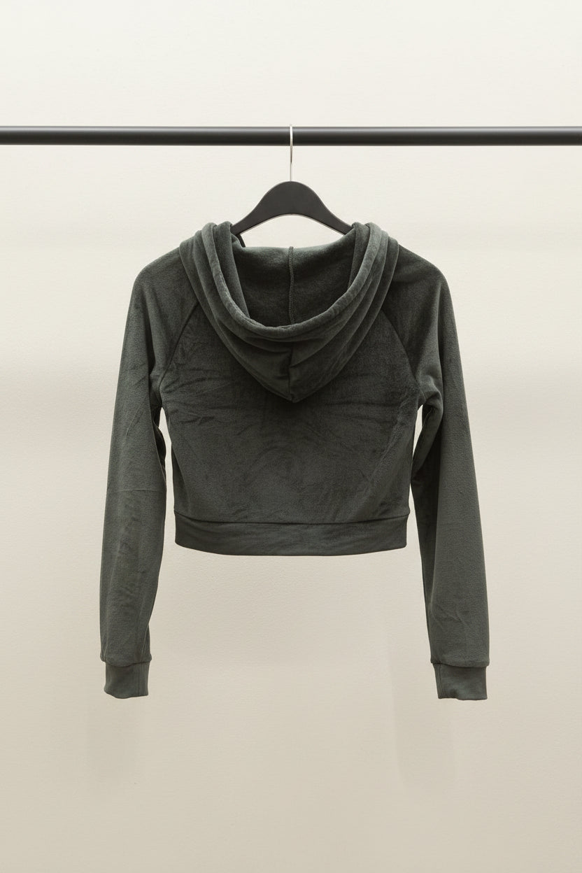 Black Velour Cropped Zip-Up Hoodie