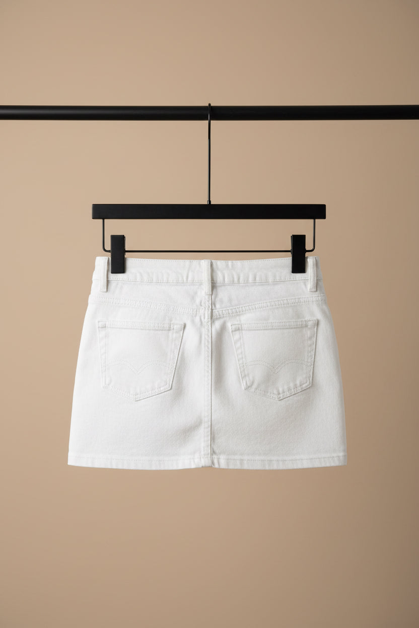 A white denim mini skirt with two large back patch pockets, hanging on a wooden hanger against a dark red background.