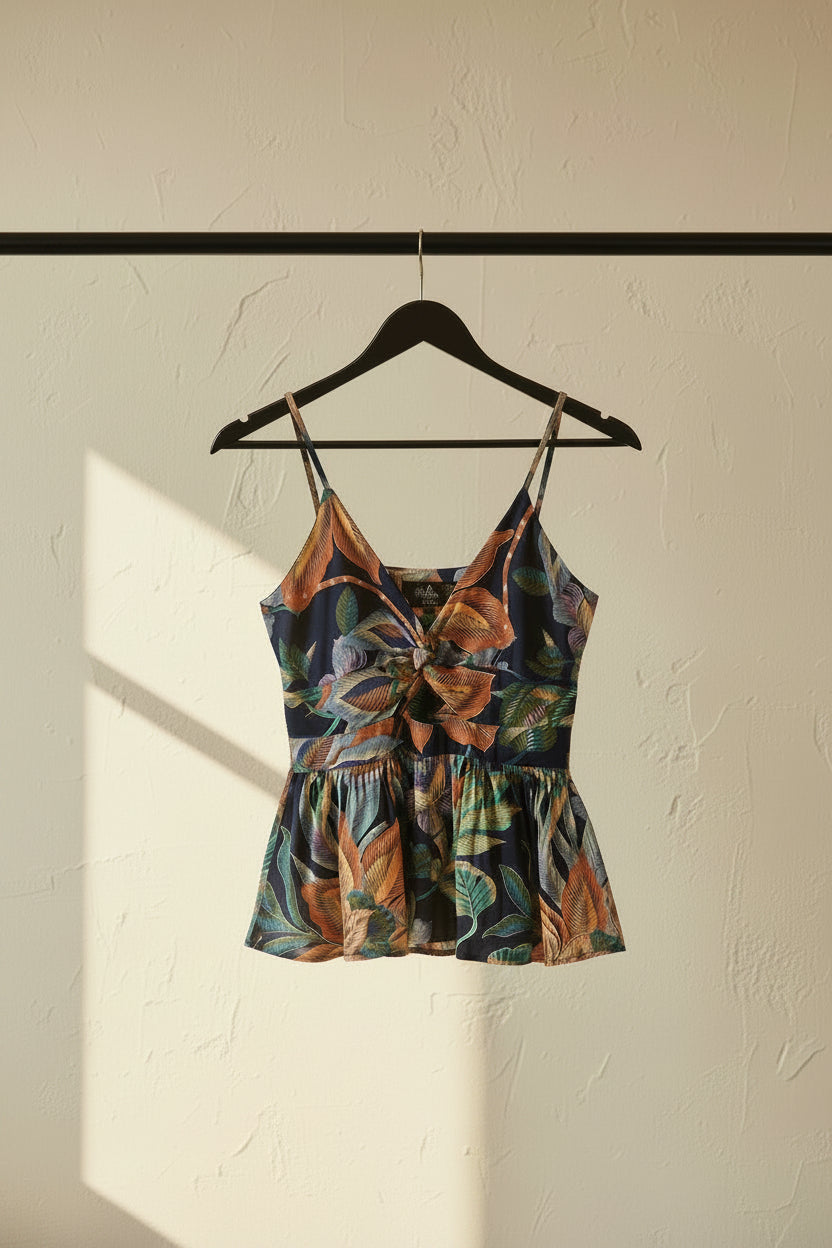 A sleeveless halter-neck swimsuit with a vibrant tropical floral print on a dark navy blue base, laid flat on a light off-white background.
