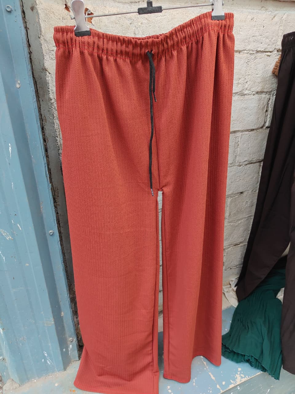 Rust Orange Ribbed Wide Leg Drawstring Pants