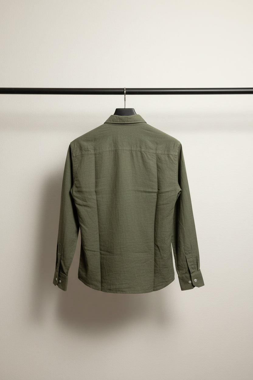 H&M Men's Olive Green Linen Blend Long Sleeve Casual Shirt
