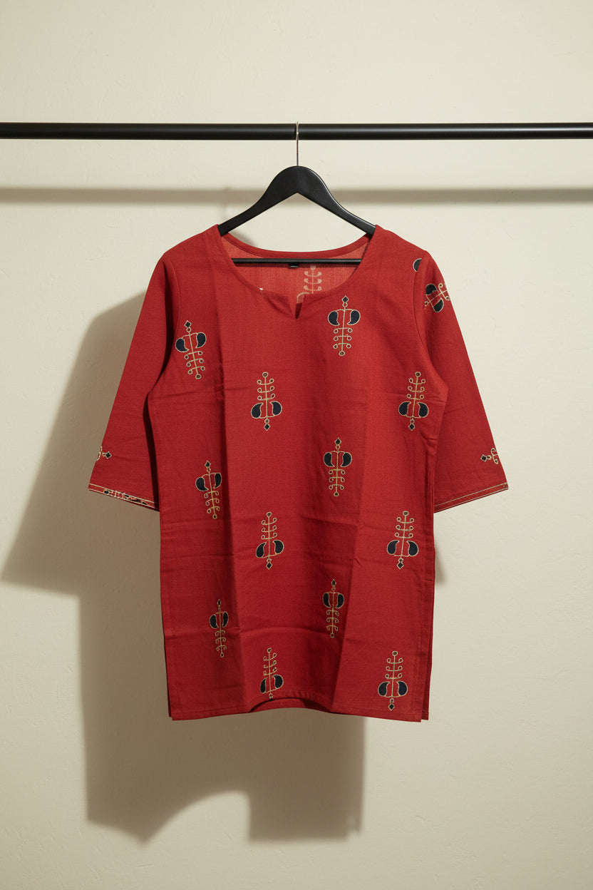 Red Printed Cotton Kurta for Women